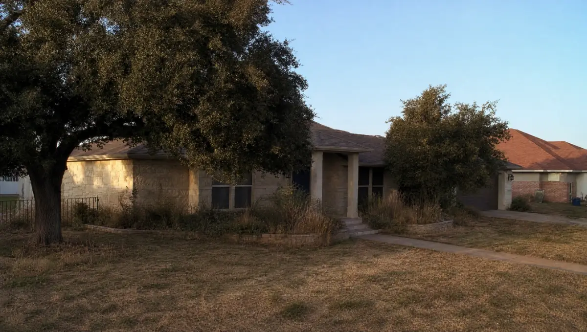Before: Front yard with a brown, patchy lawn and untidy beds.