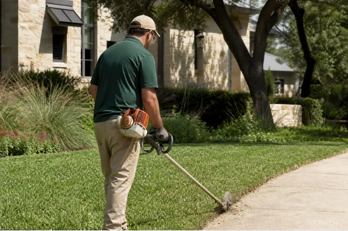 Landscaper in a green polo edging a lawn along a sidewalk with a string trimmer.