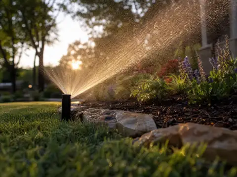 Pop-up sprinkler head spraying water over a flower bed at sunrise.