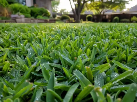 Close view of thick green lawn blades covered in morning dew.